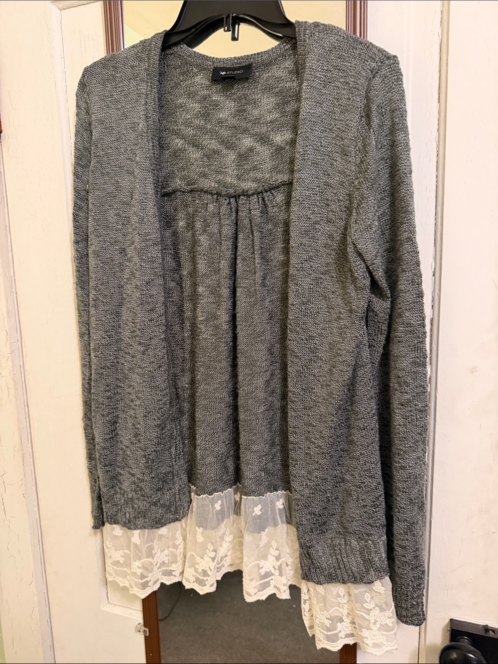 AB Studio Gray Open-Front Cardigan with Cream Lace Hem